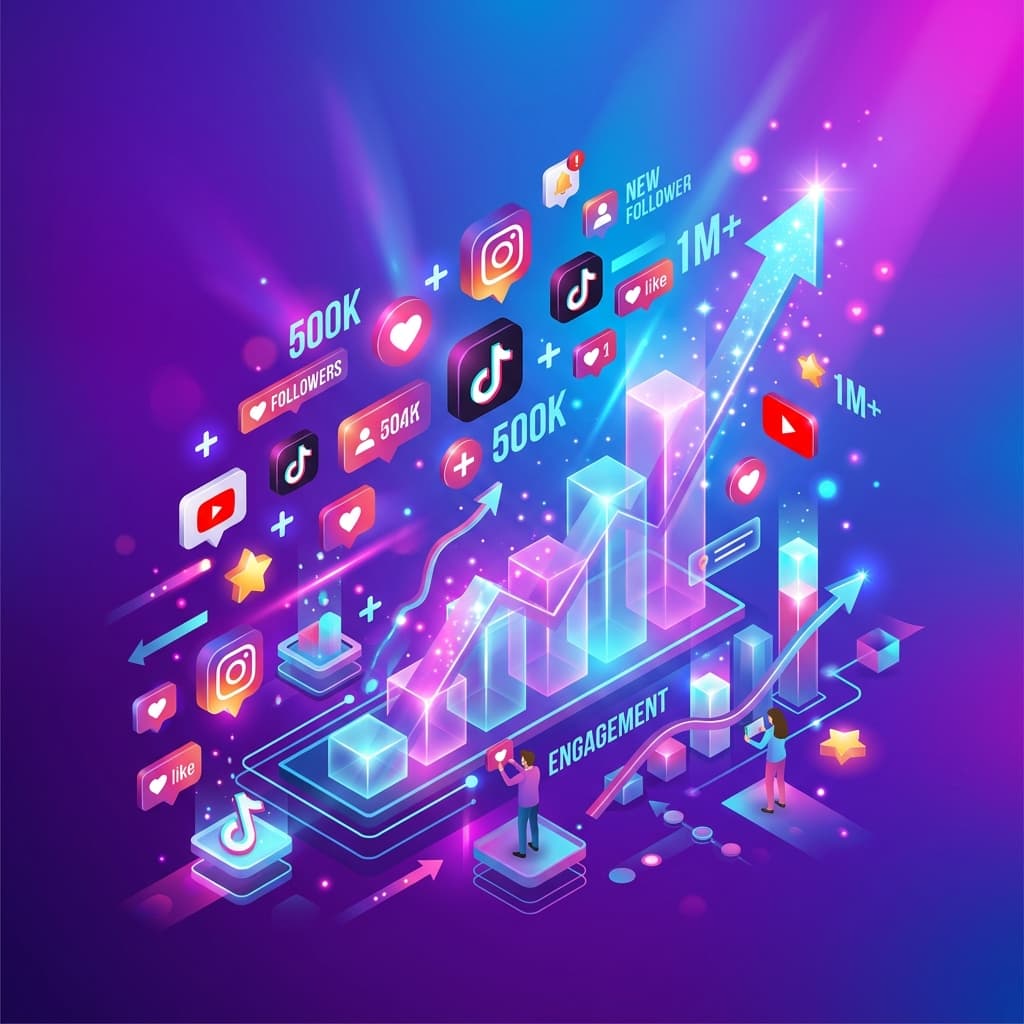 Social media growth illustration showing trending charts and platform icons